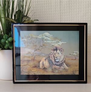 Vintage Wild Lion Holographic Foil Art Framed Print 8.5"×10"